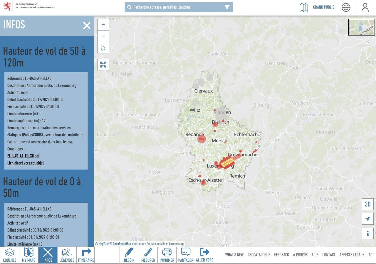 Une zone rouge près de Luxembourg est sélectionnée. Le panneau Infos indique son activité, ses limites et le document PDF de ses conditions.